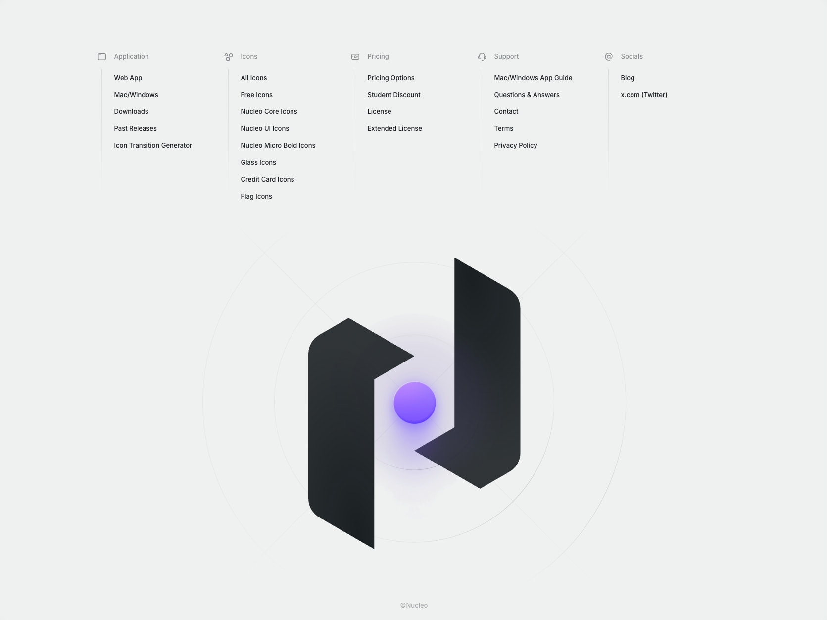 Premium icons page footer with multi-column navigation and centered 3D geometric logo mark captured website design