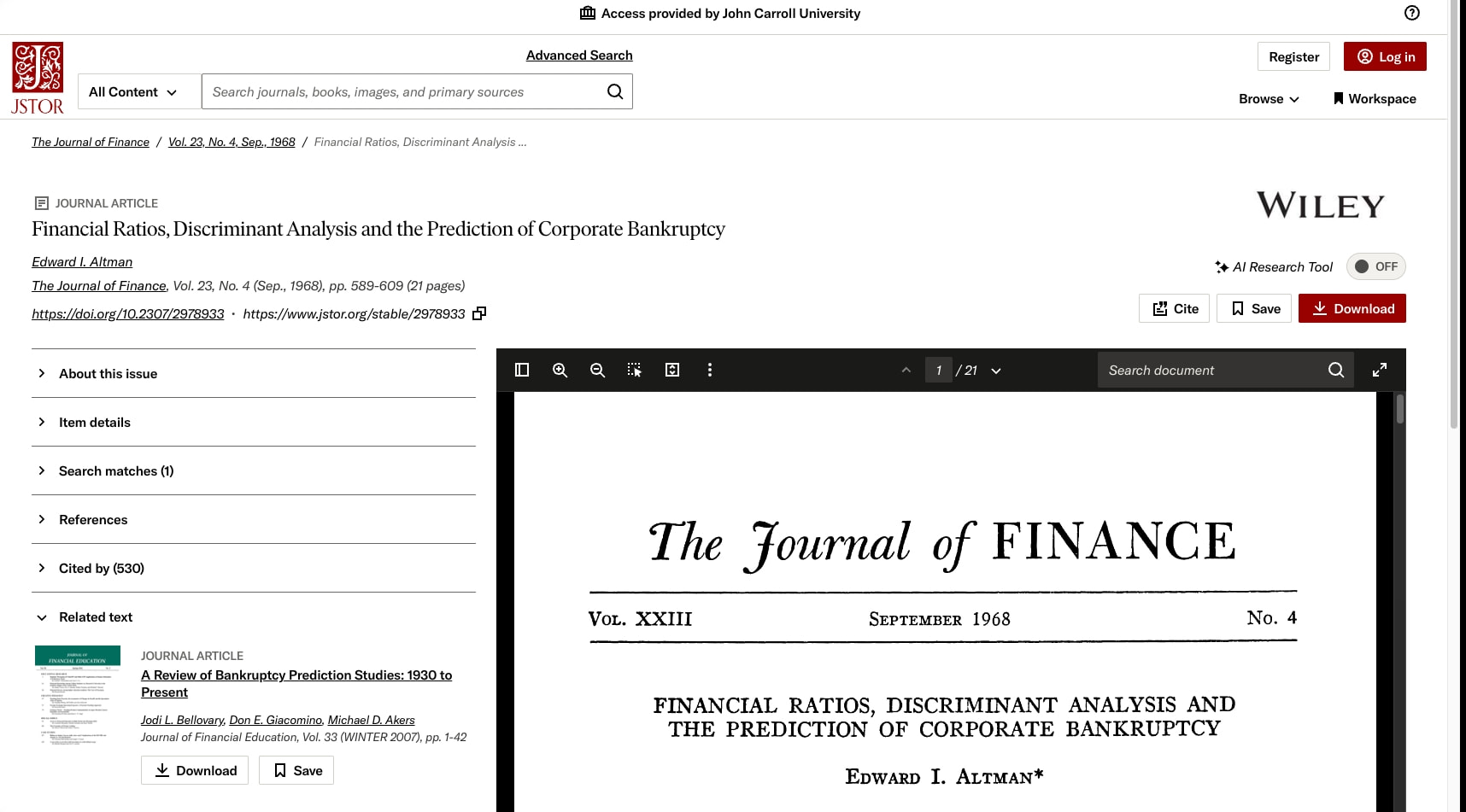 Financial Ratios, Discriminant Analysis and the Prediction of Corporate Bankruptcy on JSTOR captured website design