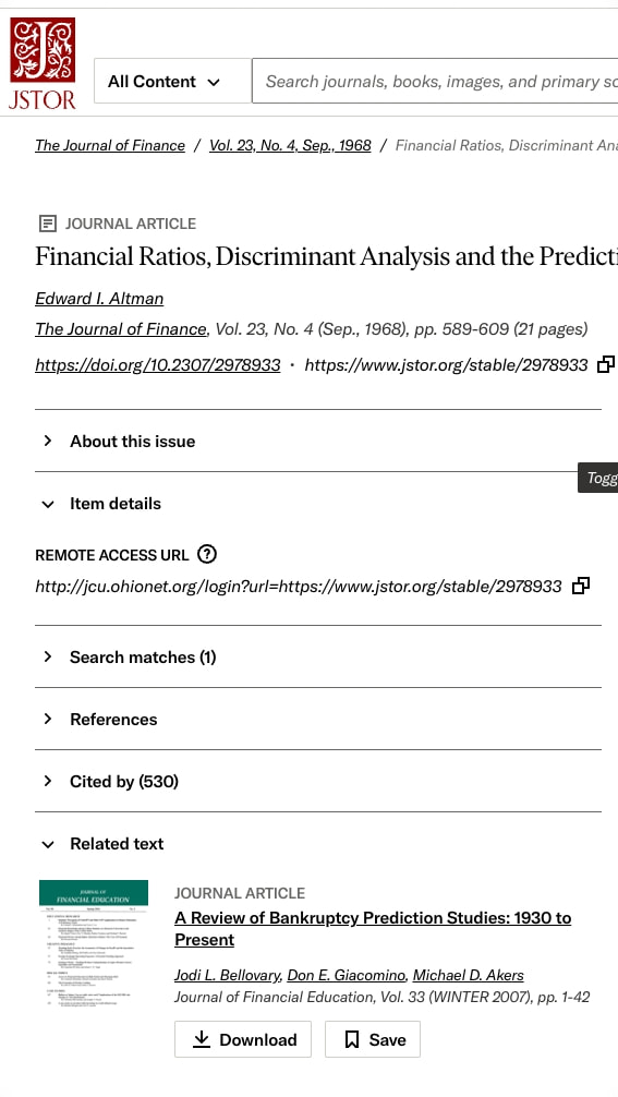 Financial Ratios, Discriminant Analysis and the Prediction of Corporate Bankruptcy on JSTOR captured website design
