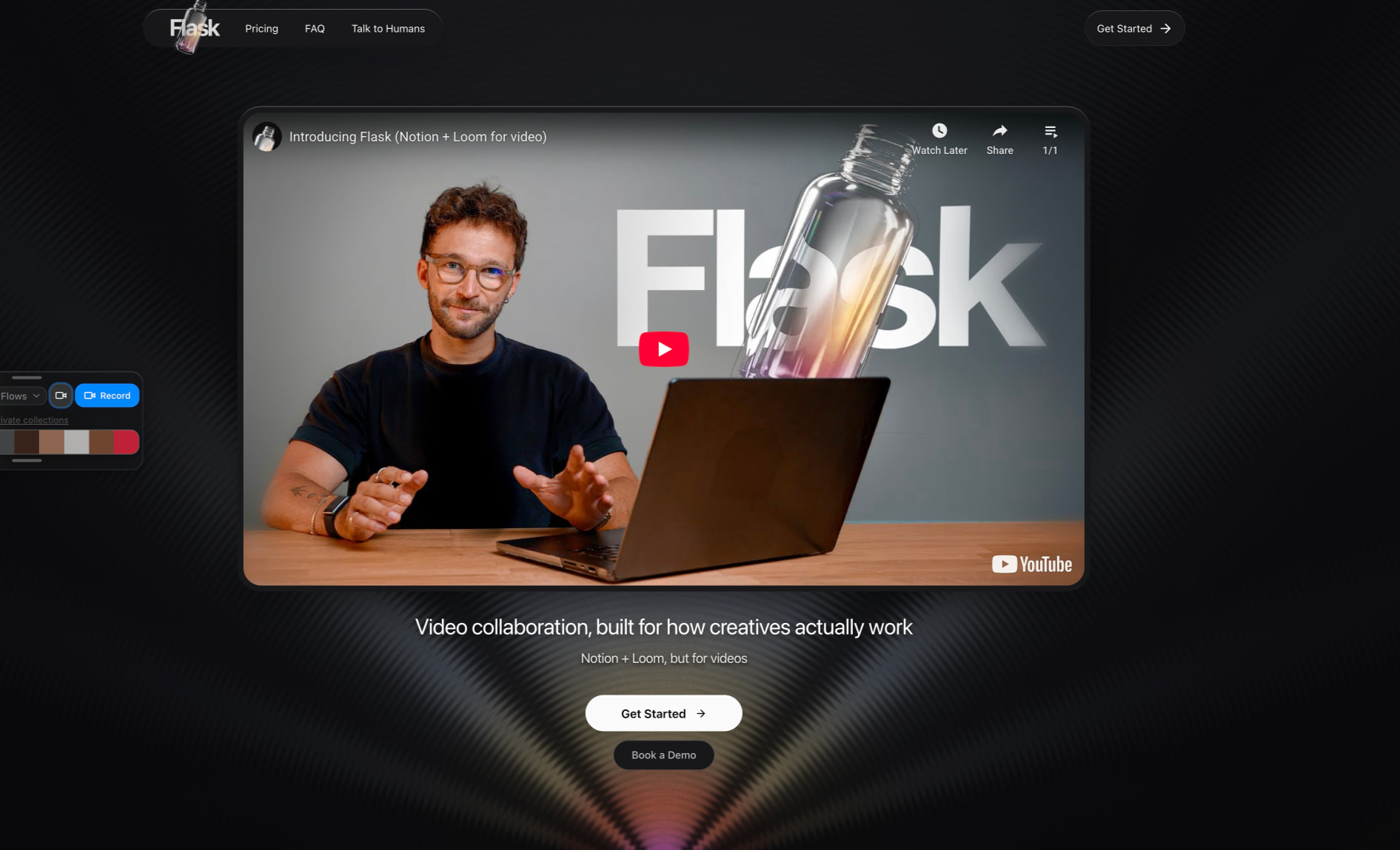 Hero landing page with video player, navigation bar, and radial gradient background featuring product branding captured website design