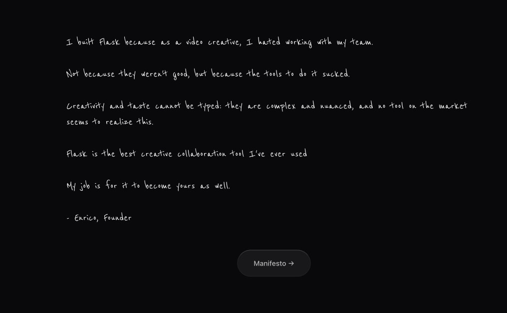 Founder manifesto section with handwritten-style typography and dark pill button with arrow captured website design