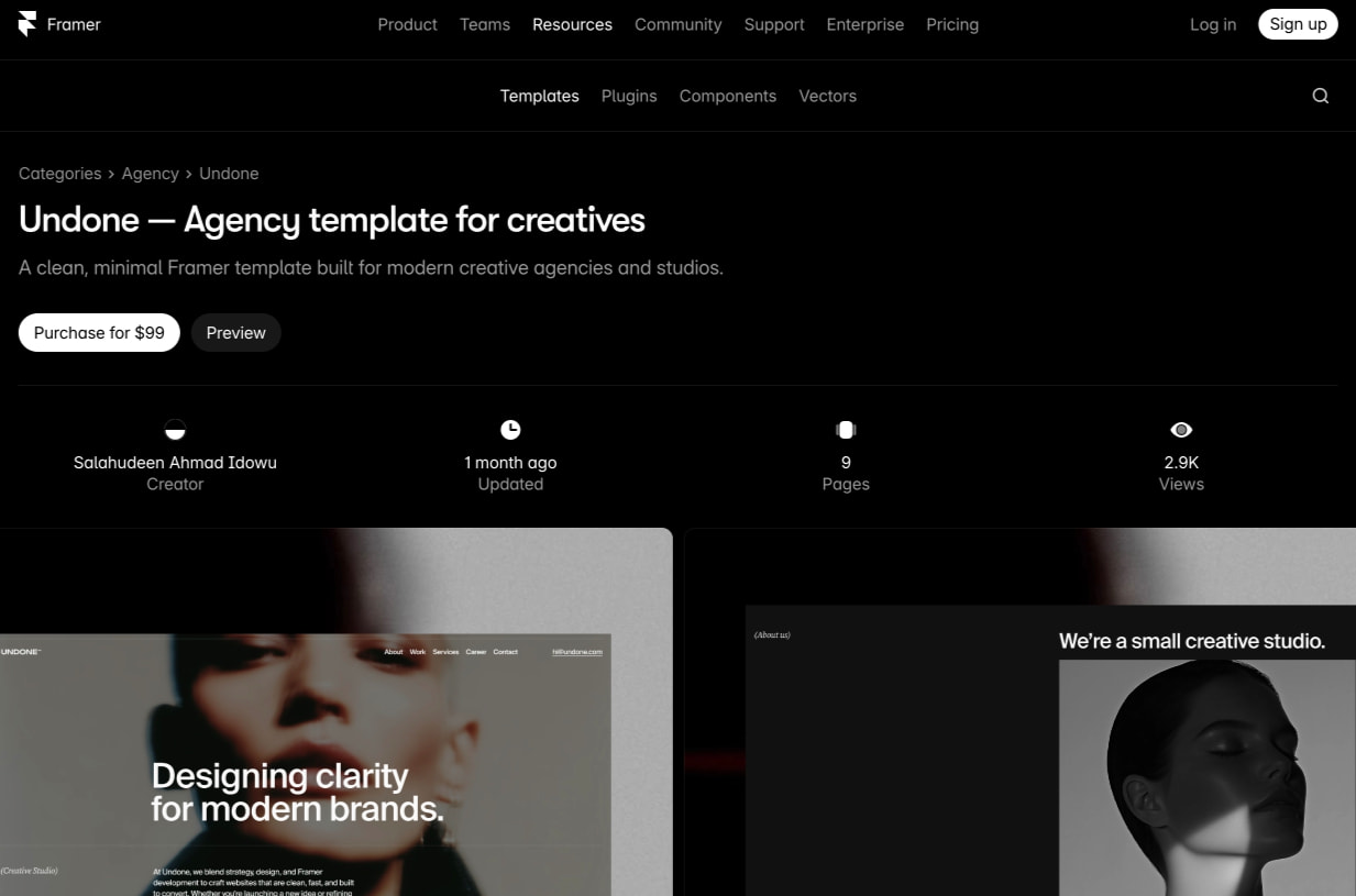 Undone: Responsive Portfolio Website Template by Salahudeen Ahmad Idowu — Framer Marketplace captured website design
