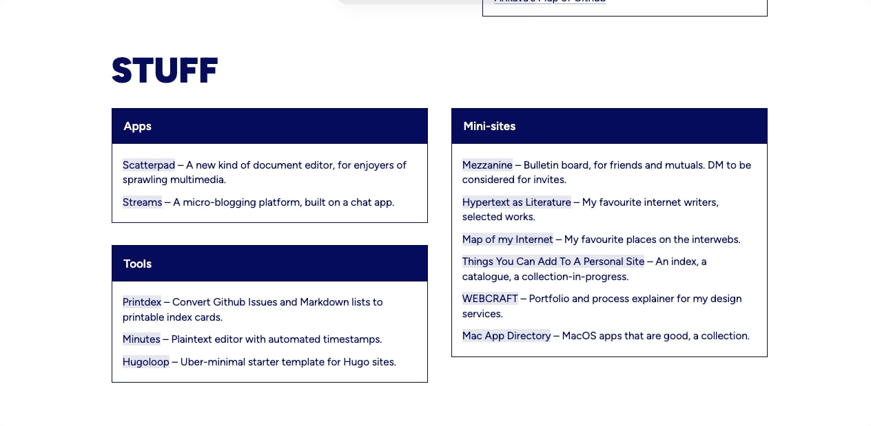 STUFF section with two-column grid of bordered cards featuring navy headers and link lists captured website design