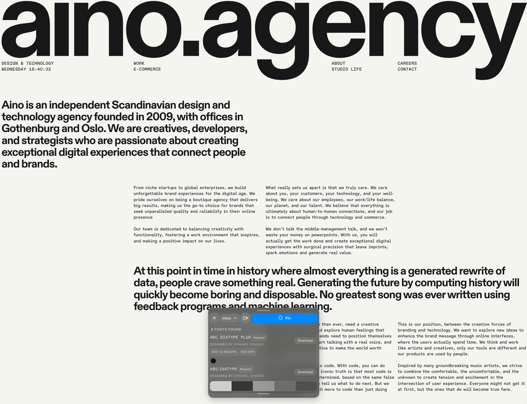 About — Aino captured website design