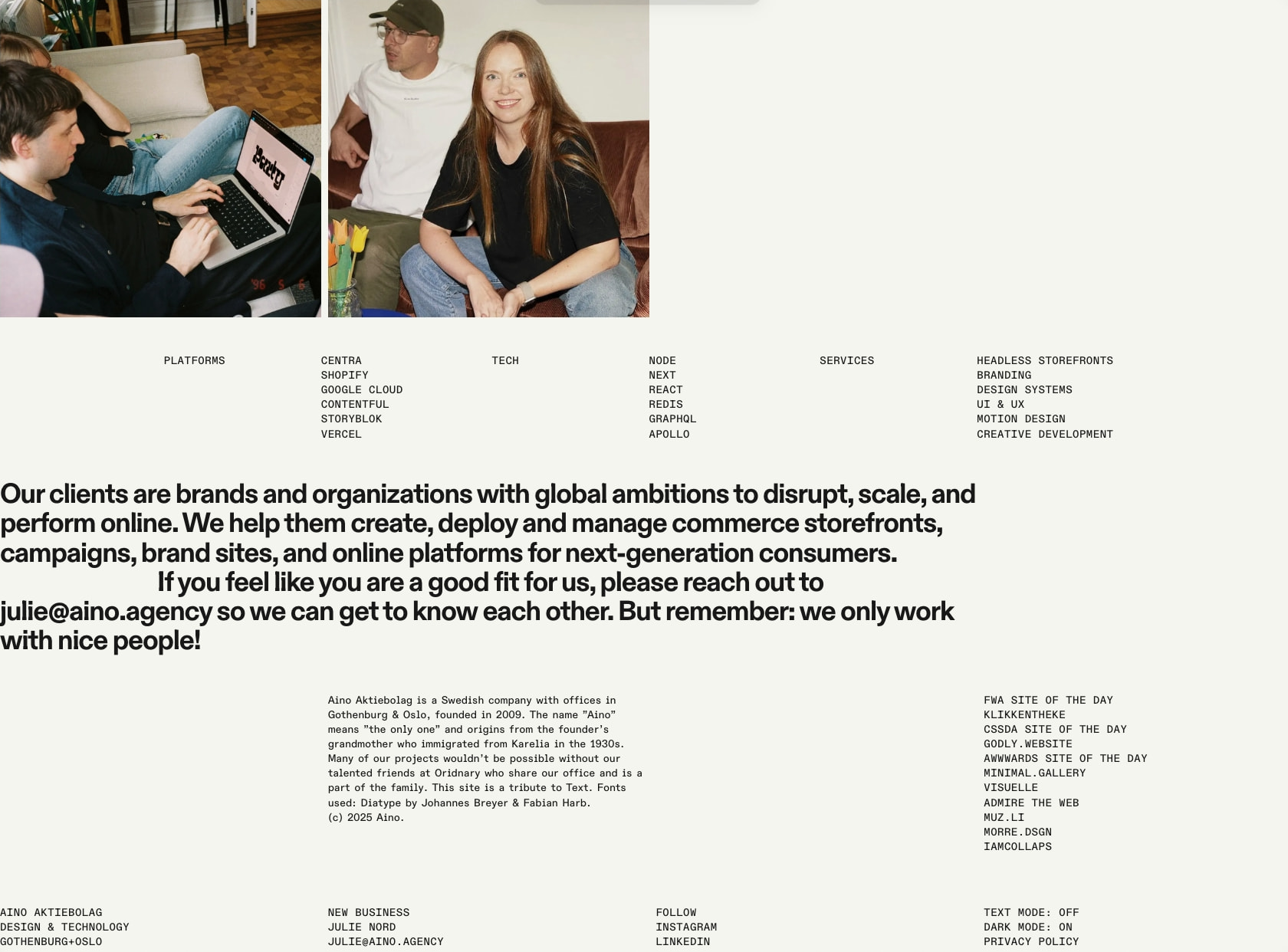 About — Aino captured website design