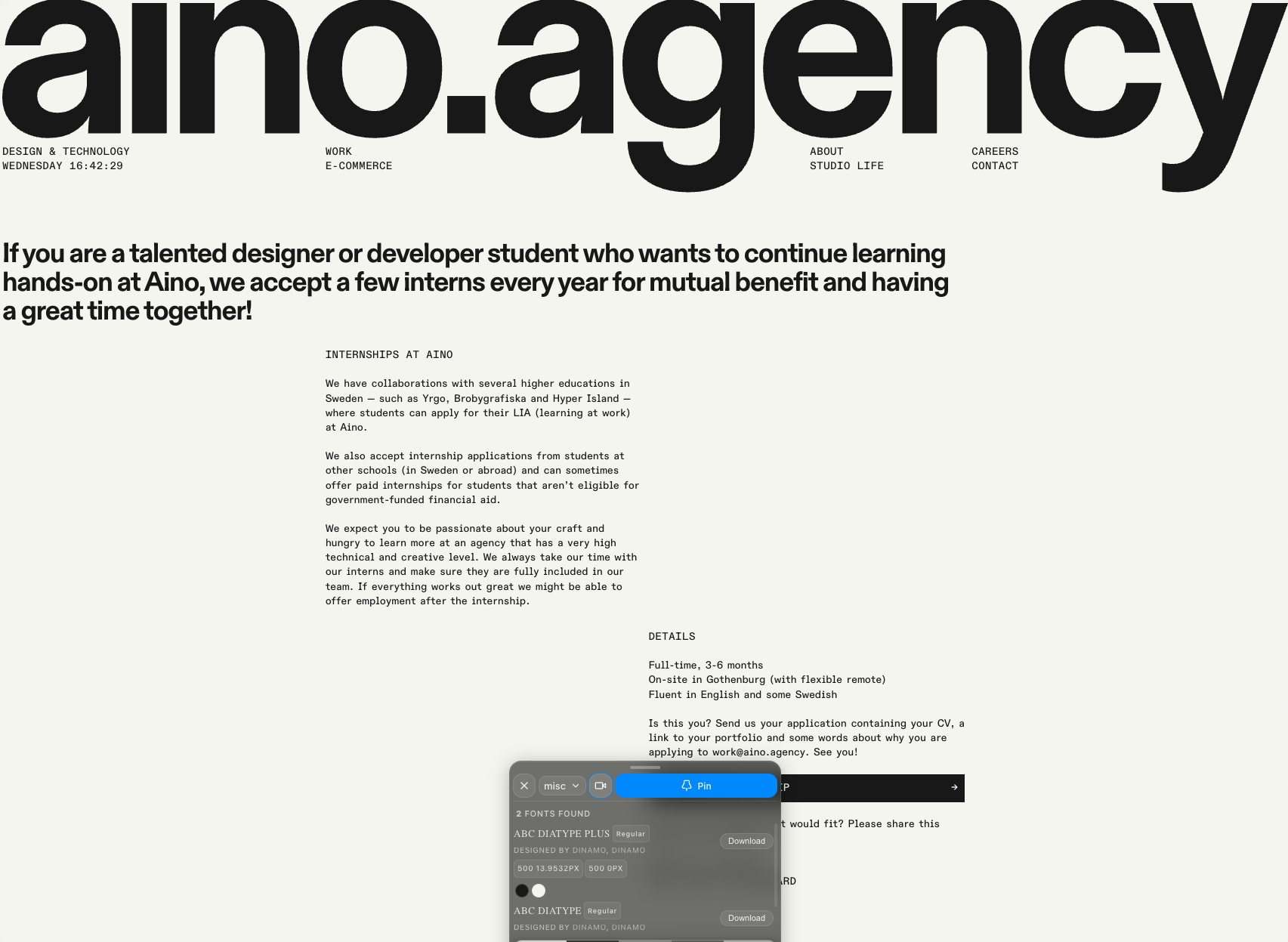 Internships — Aino captured website design