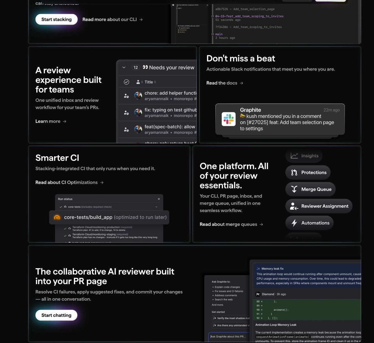 Feature grid showing stacked cards with product screenshots, Slack notification mockup, and pill-shaped feature tags with icons captured website design