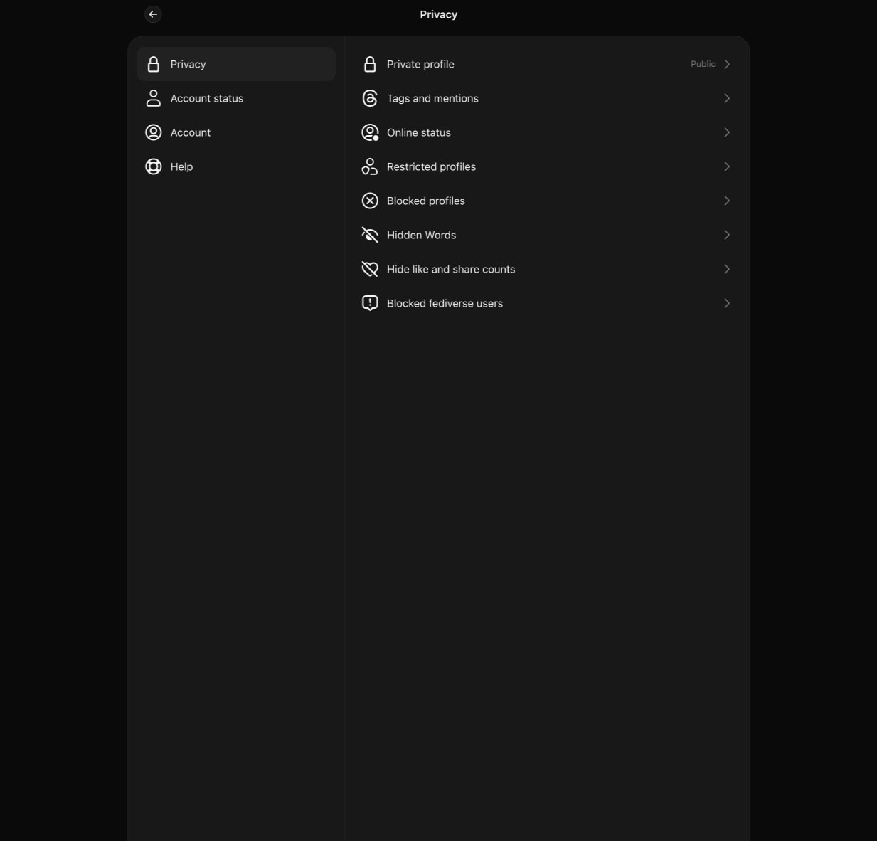 Privacy settings page with icon-labeled menu items, chevron indicators, and Beta badge on Fediverse sharing option captured website design