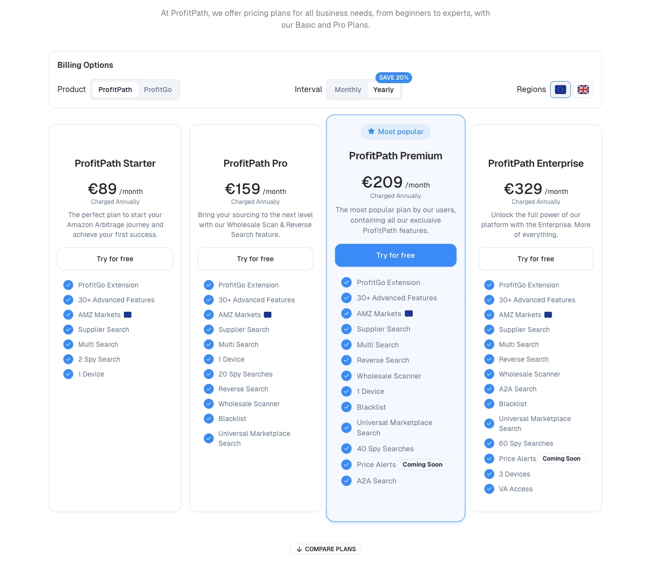 Pricing page with four tier columns, blue highlighted premium plan, toggle controls, and detailed feature checklists captured website design