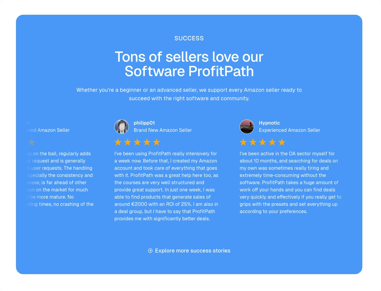 Social proof section with bright blue background, white testimonials, and yellow star ratings showing seller success stories captured website design