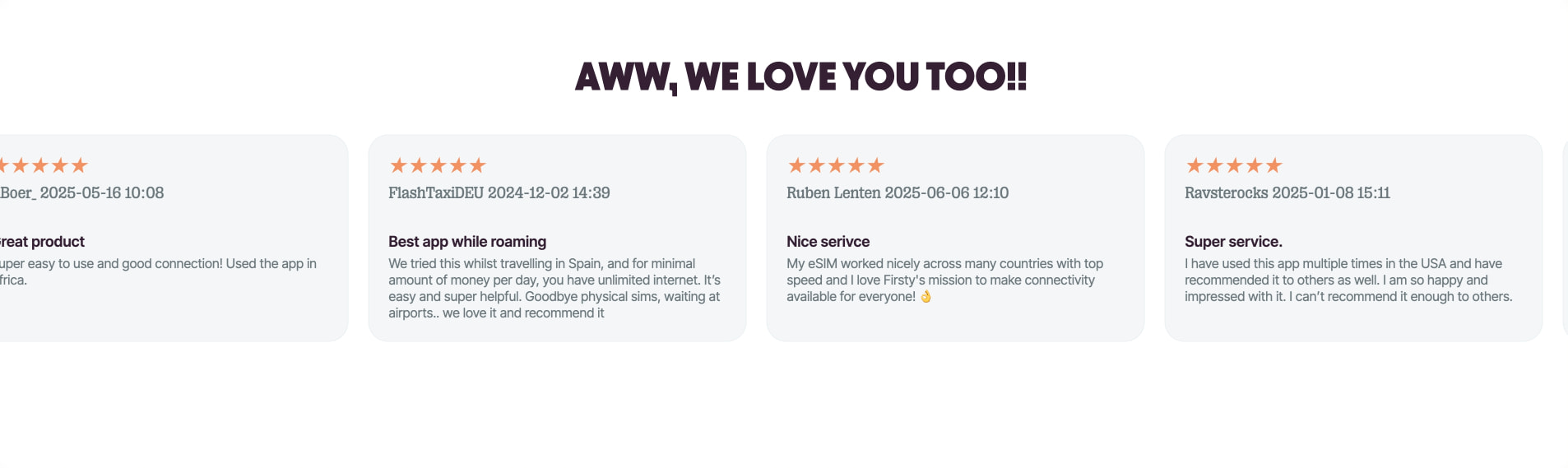 Testimonial carousel with star ratings, user names, dates, and review cards on light gray rounded panels captured website design