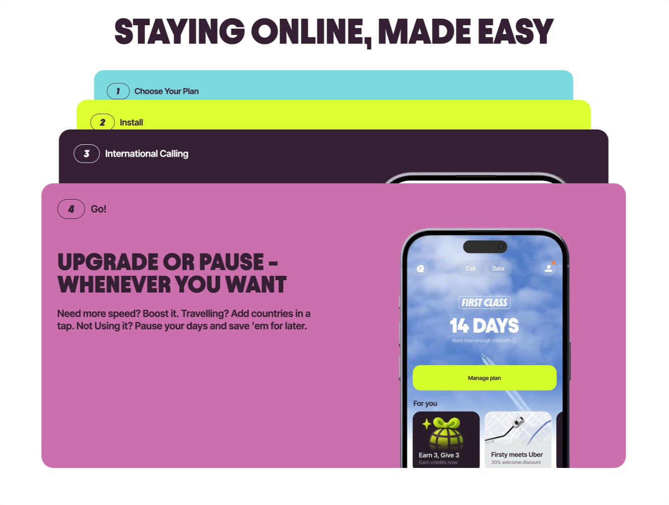 Stacked feature cards in teal, lime, dark purple, and magenta with phone mockups showing app interface tiers captured website design
