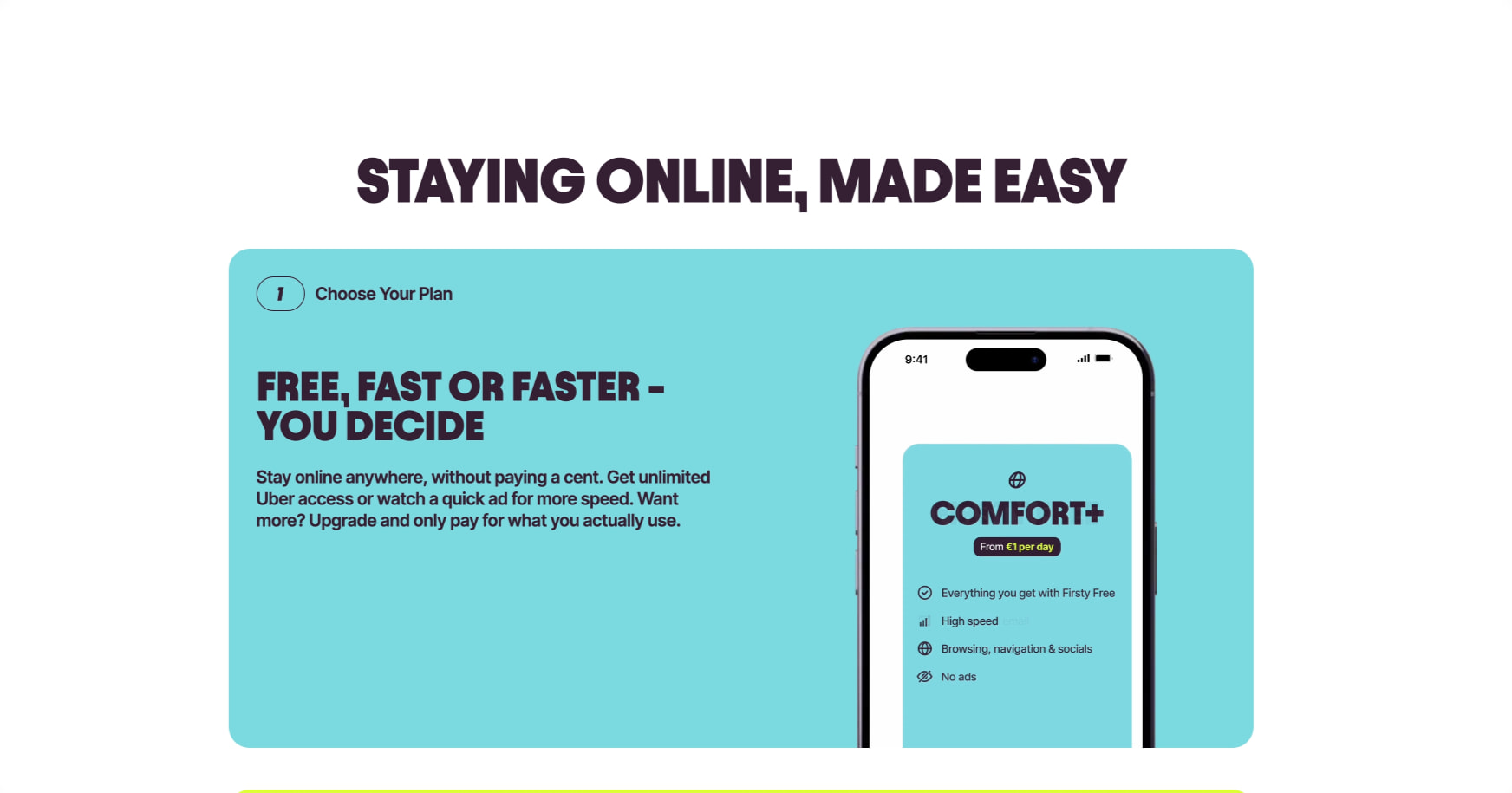 Hero section with teal card showing phone mockup and 'STAYING ONLINE, MADE EASY' headline with numbered step indicator captured website design
