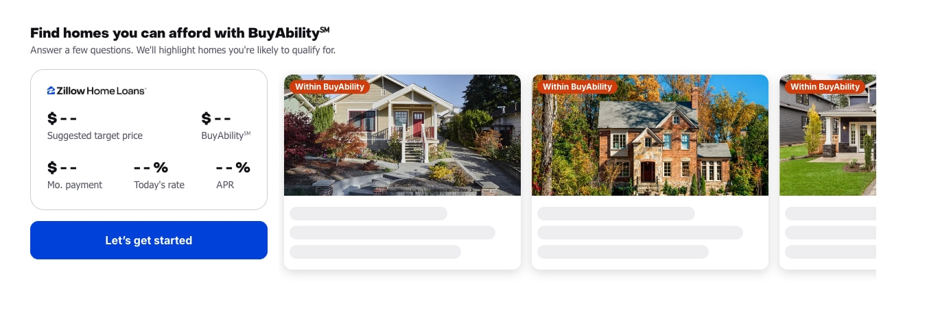 BuyAbility mortgage section with Zillow Home Loans calculator card, blue primary action button, and property listing cards with orange badges captured website design