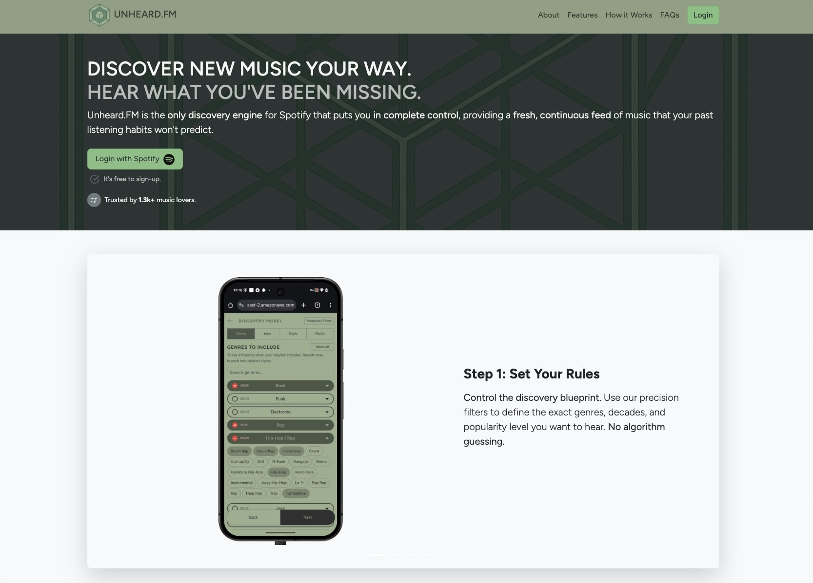 Hero section with dark geometric background, white display headline, green Spotify login button, and phone mockup showing discovery filters interface captured website design