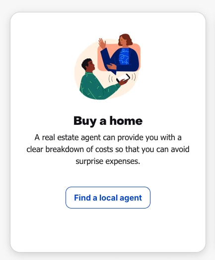 Single feature card for Buy a home with illustration, bold heading, description text, and blue outline button with rounded corners captured website design