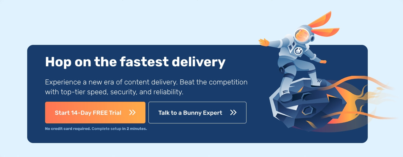 Hero call-to-action panel with dark navy rounded rectangle, orange primary button, outlined secondary button, and astronaut bunny illustration captured website design