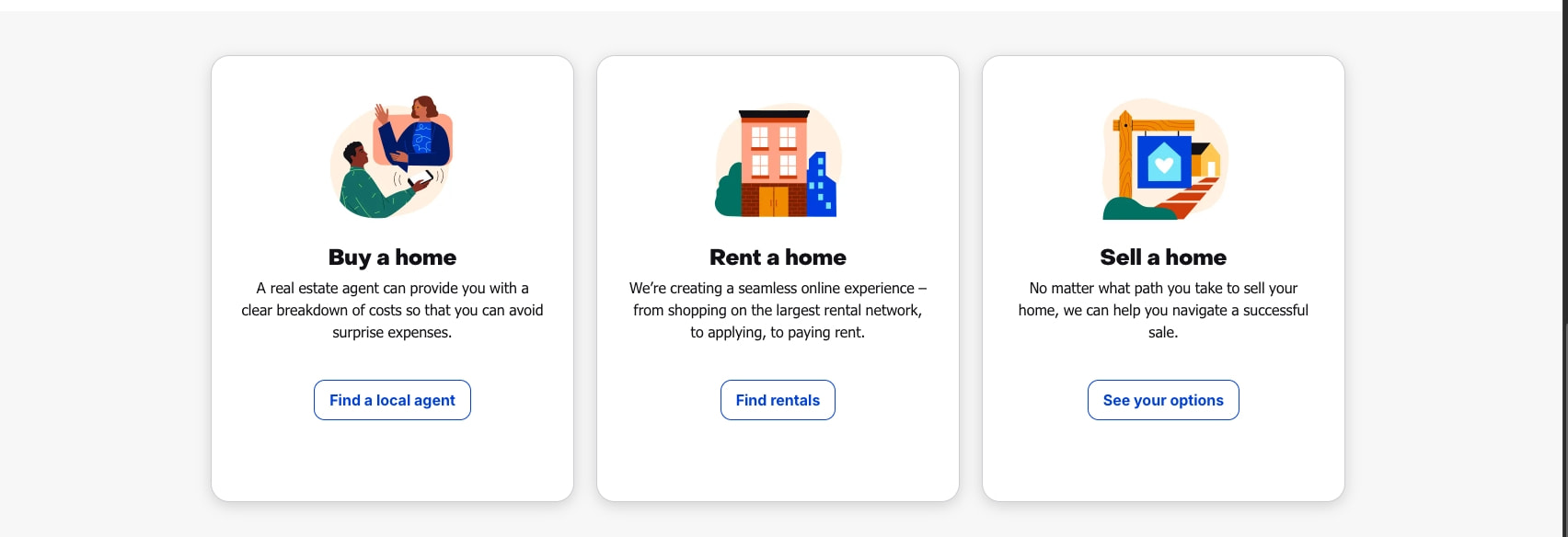 Three-column feature cards for Buy, Rent, and Sell with illustrations, bold headings, and blue outline buttons on light gray background captured website design