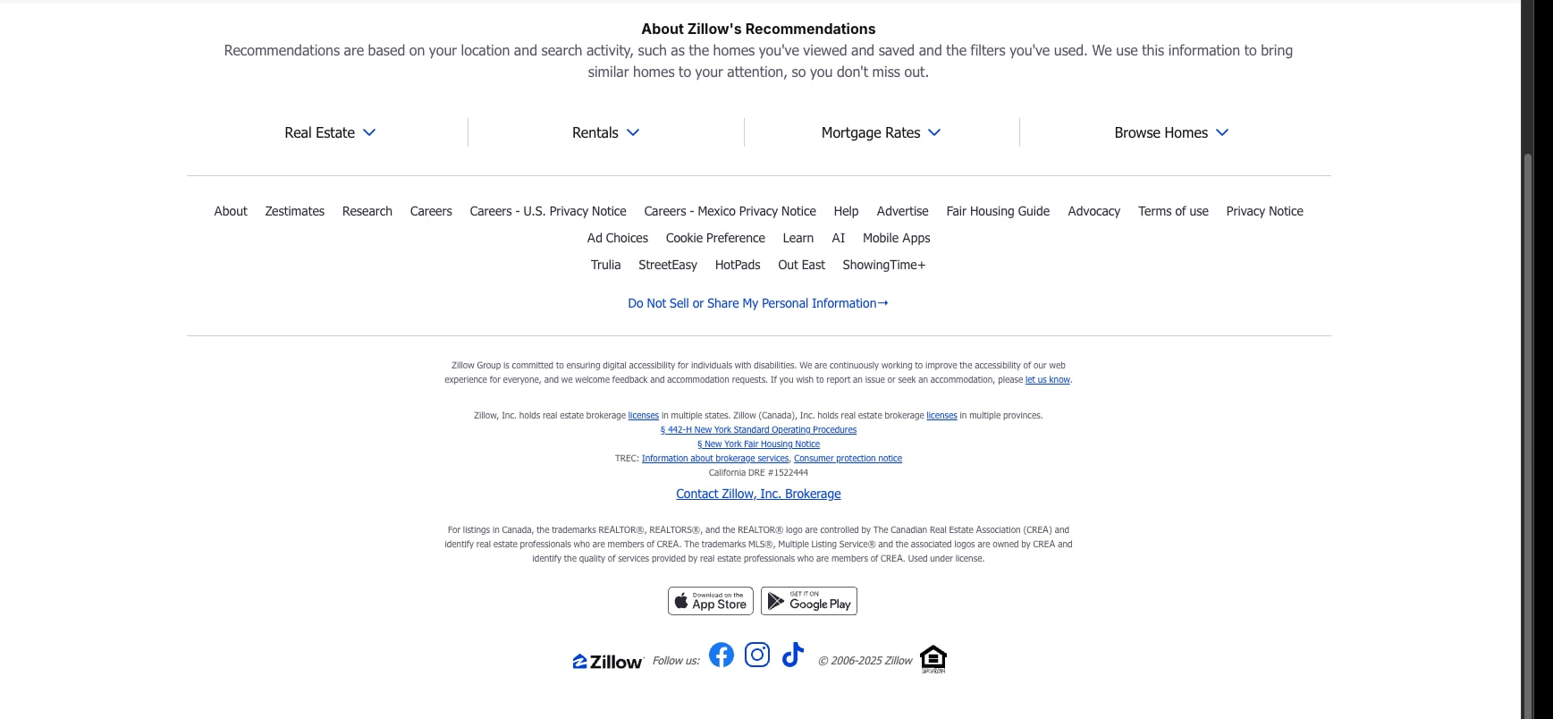 Zillow footer with category navigation dropdowns, legal links, app store badges, and social media icons on white background captured website design