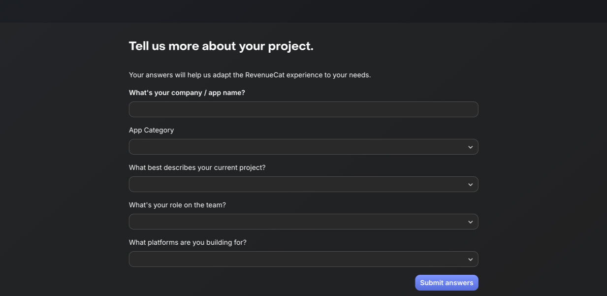 Project survey form with stacked text inputs and dropdowns, section heading, descriptive text, and submit button on dark background captured website design
