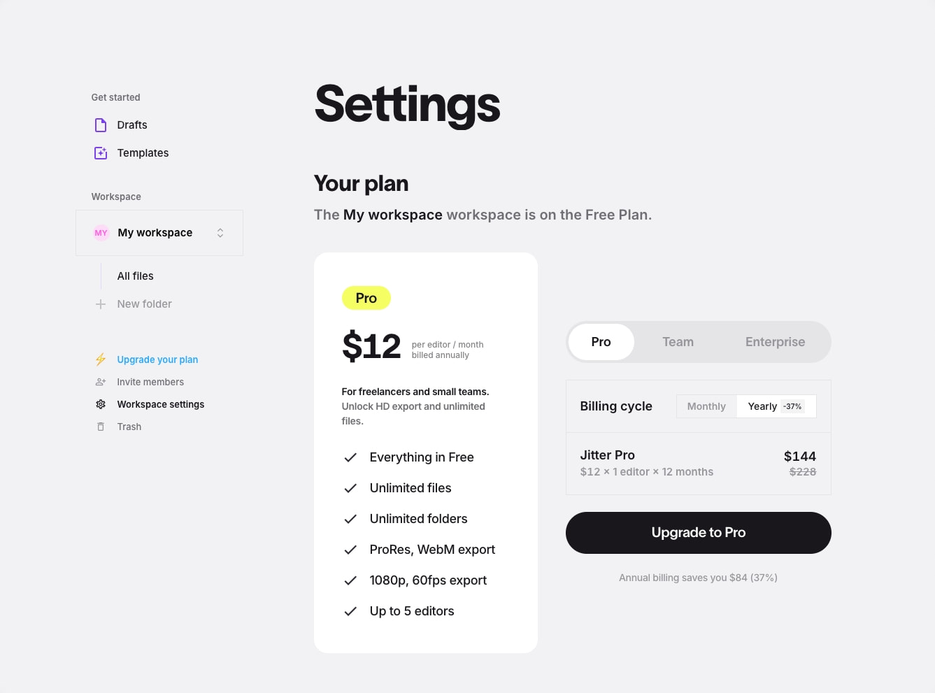 Workspace settings · Jitter captured website design