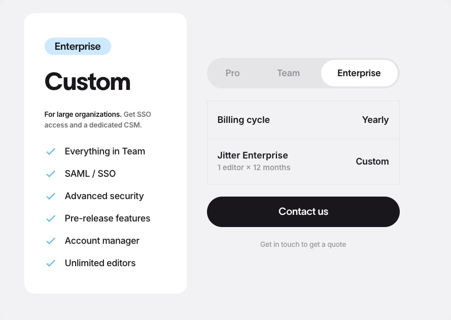 Enterprise pricing card with feature checklist and Contact us action button captured website design