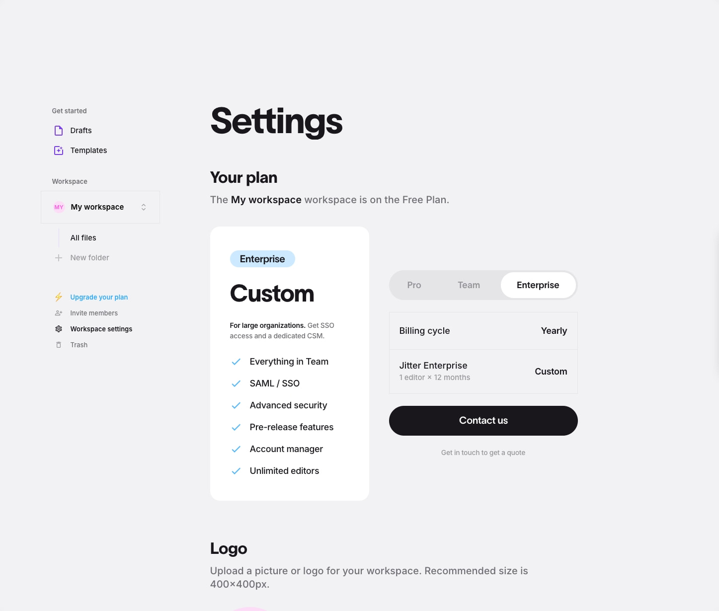 Settings page with Enterprise plan card, segmented control, and sidebar navigation captured website design