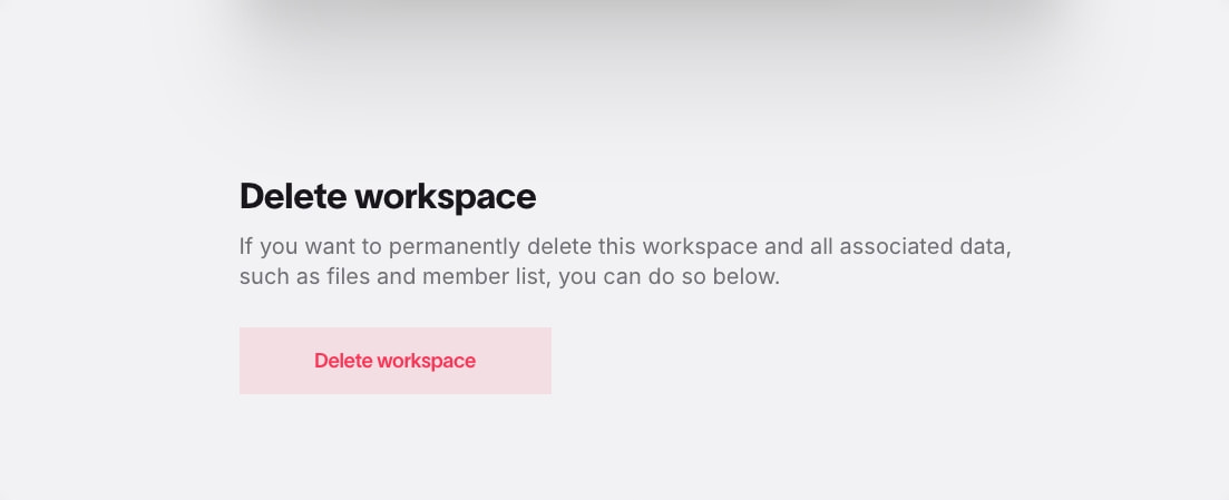 Delete workspace confirmation dialog with pink danger button on light gray background captured website design