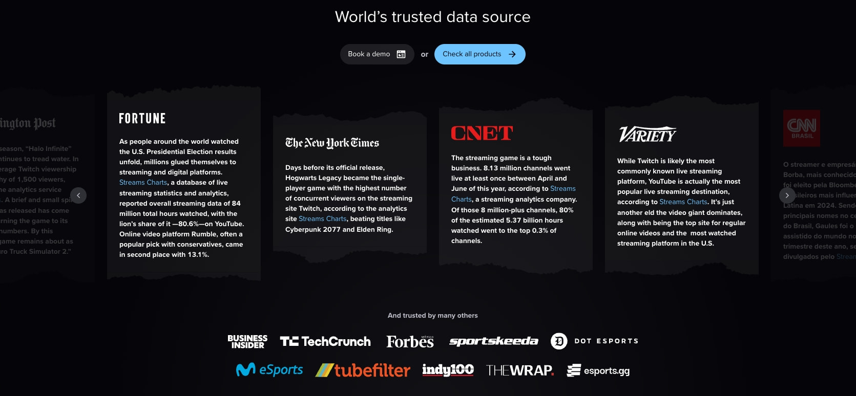 All streaming data & analytics in one place · Streams Charts captured website design