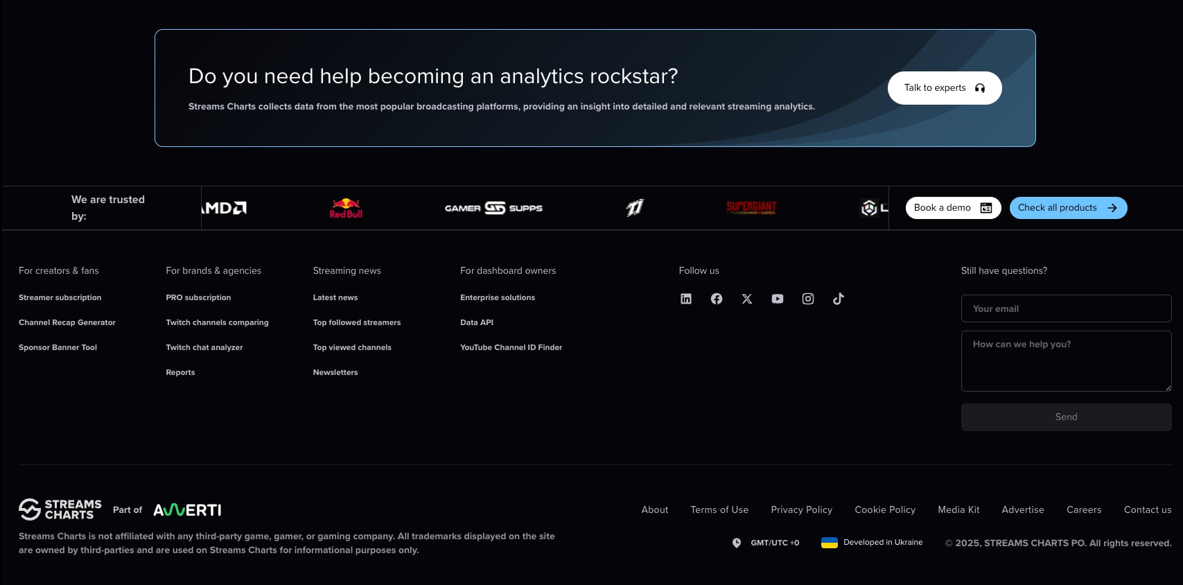 All streaming data & analytics in one place · Streams Charts captured website design