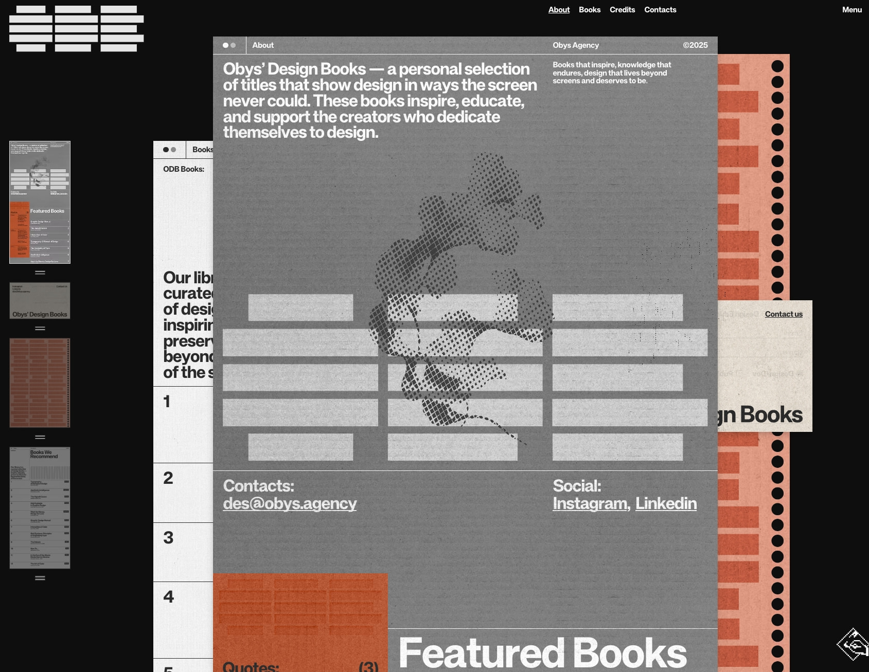 About page showing navigation dots, sidebar numbering, and decorative orange pixel pattern along right edge captured website design