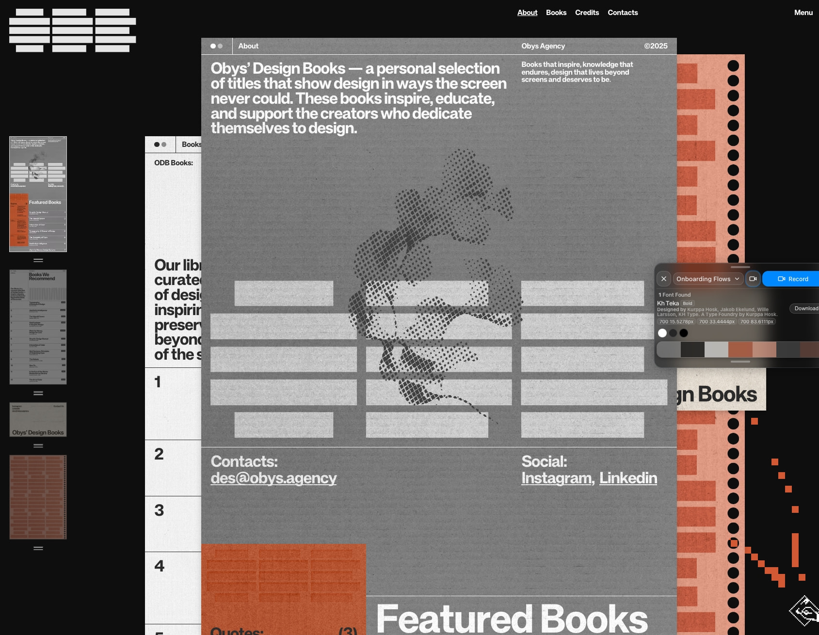 About page with halftone globe graphic, orange accent panel, and contact footer on textured gray background captured website design
