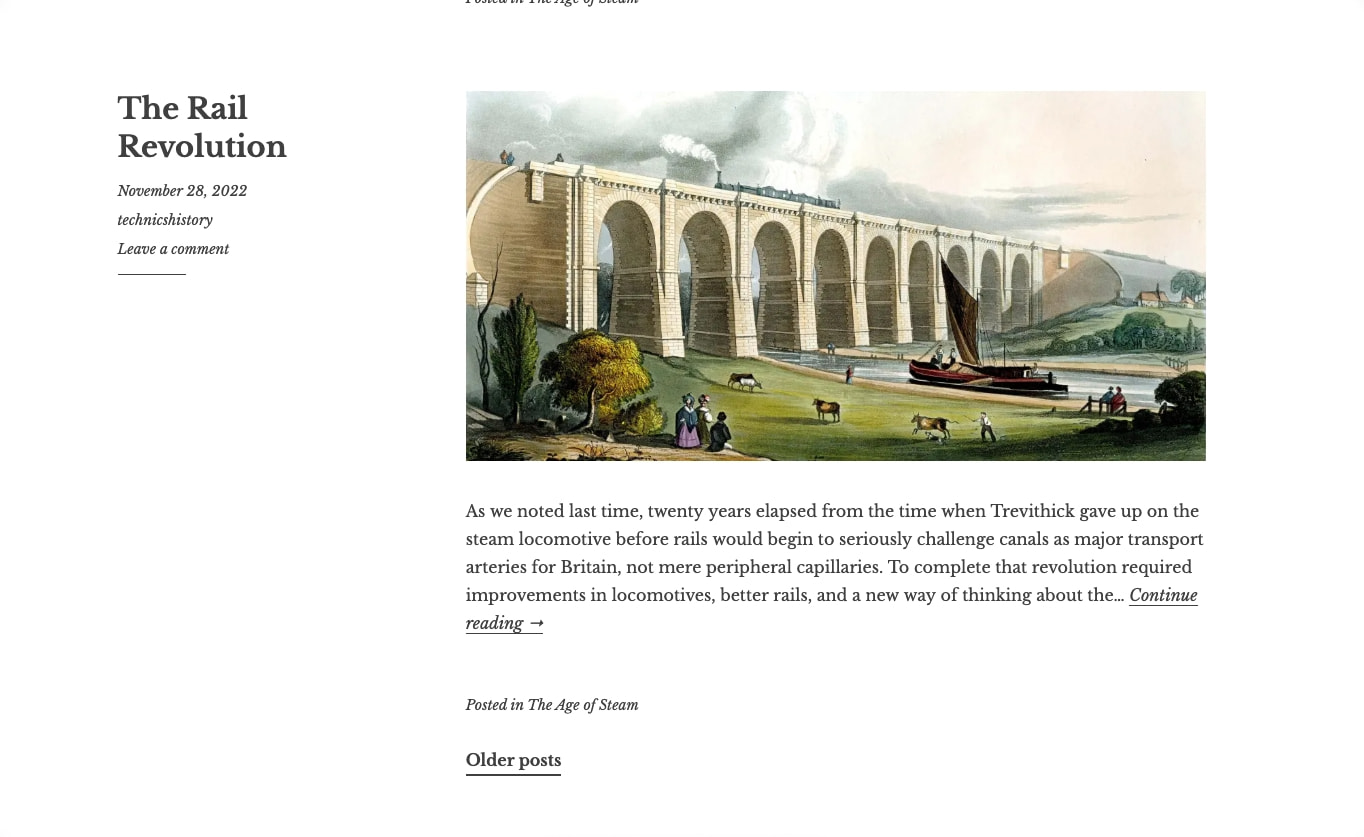 Blog post entry featuring a large historical railway viaduct illustration with serif headline, italic metadata, and body text excerpt with continue-reading link captured website design