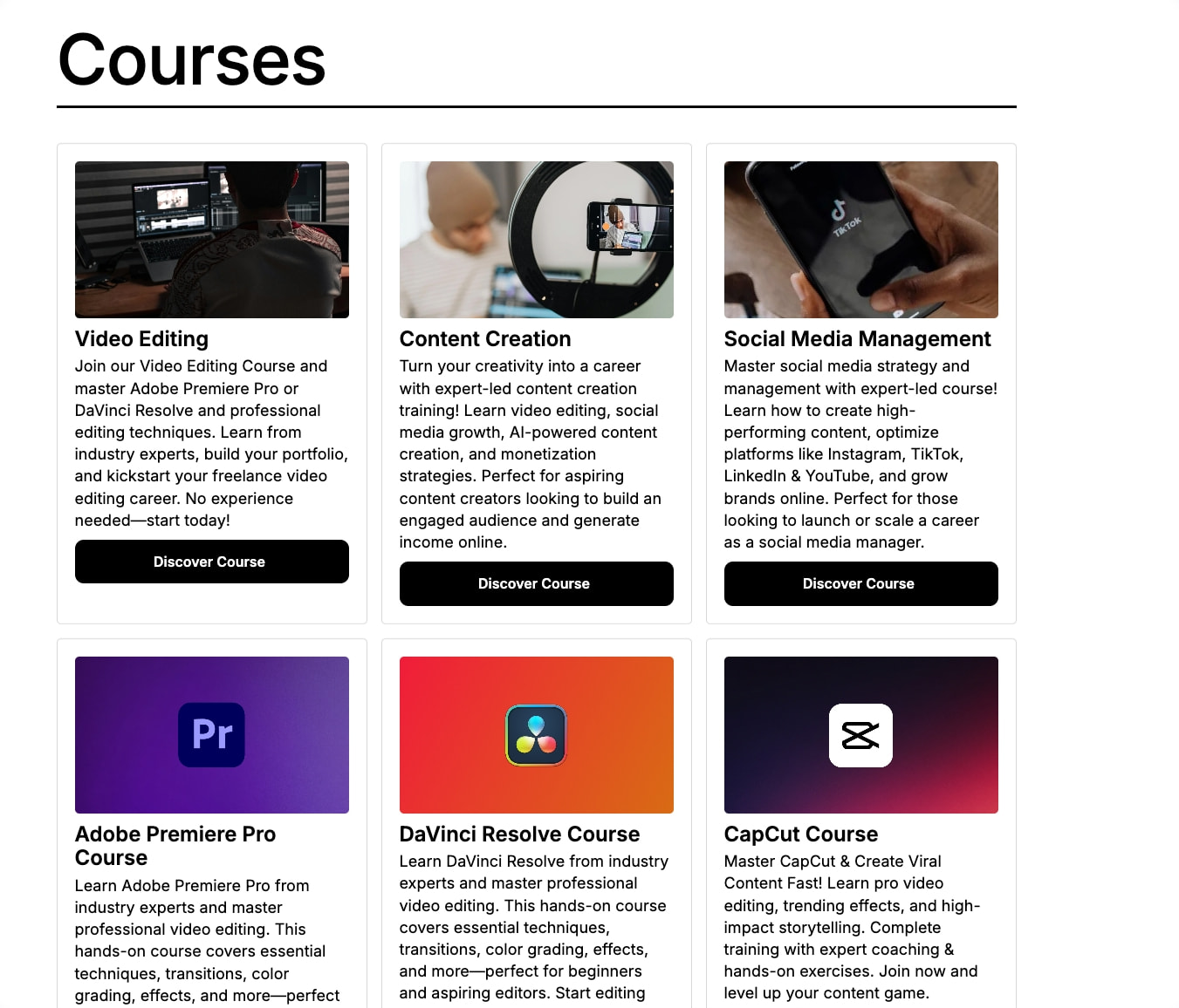 Courses page showing a grid of six course cards with photography thumbnails, bold headings, body copy, and black pill-shaped CTA buttons on a white background. captured website design