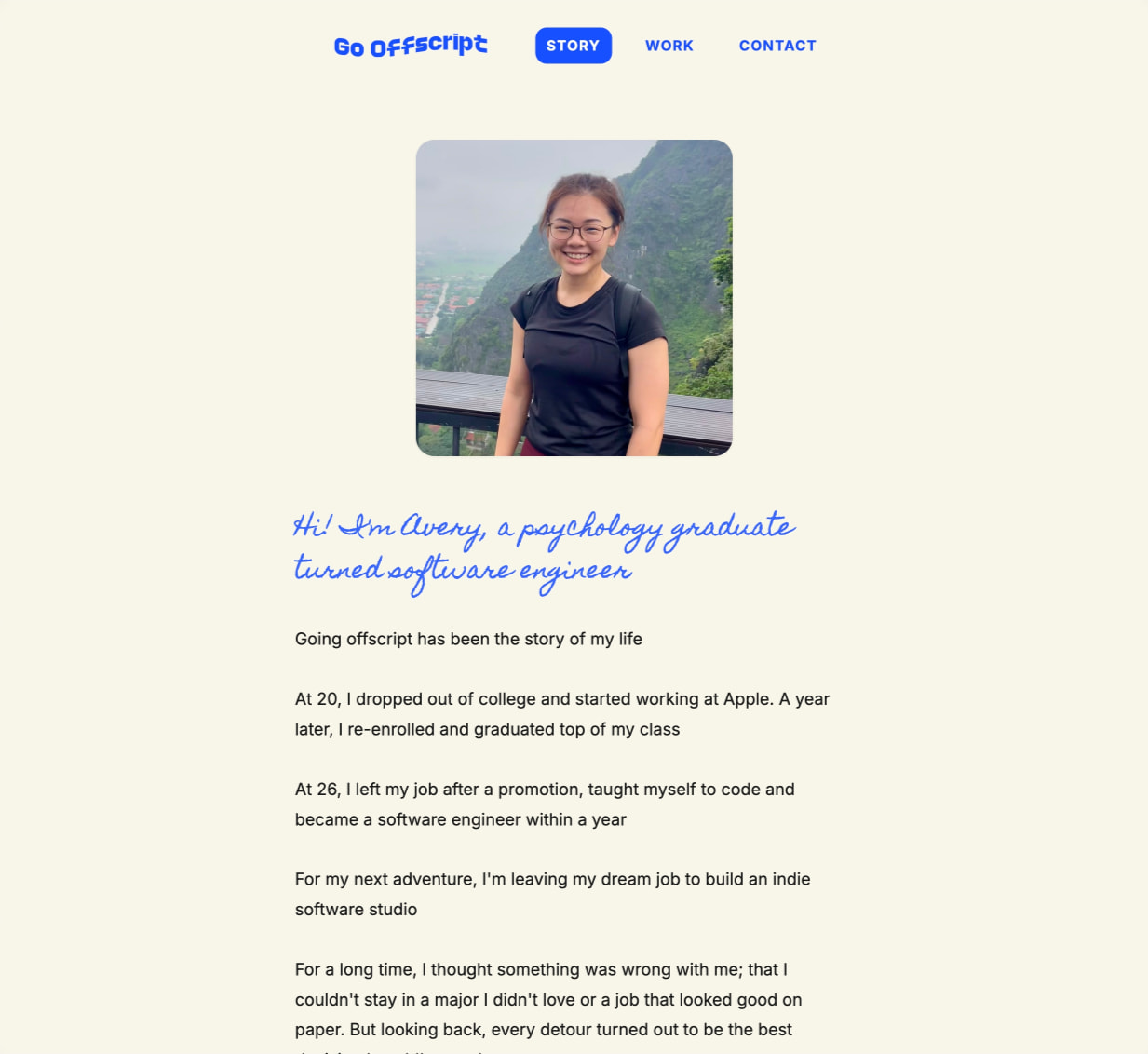 Story page with portrait photo, handwritten blue script heading, and narrative body text on cream background captured website design