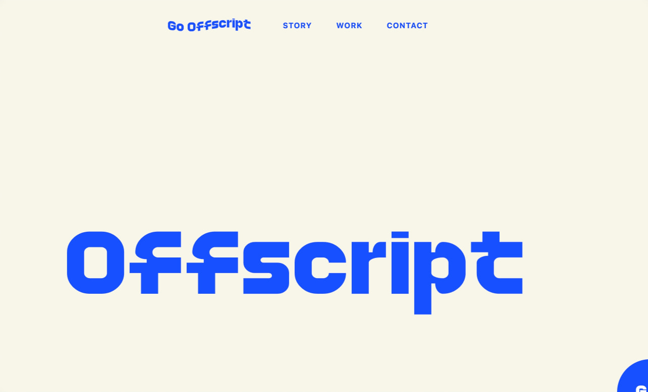 Homepage hero with oversized blue 'Offscript' wordmark on warm cream background, showing the site's maximalist display typography and minimal navigation captured website design