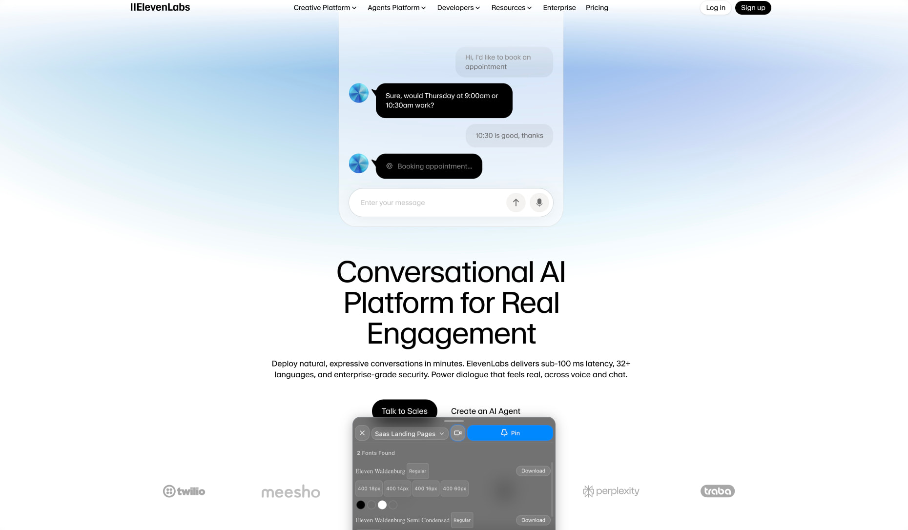 Conversational AI Agent Platform for Real-Time Voice & Chat captured website design