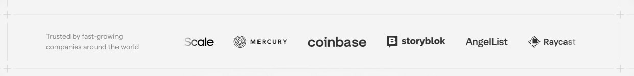 Social proof logo bar with Scale, Mercury, Coinbase, Storyblok, AngelList, and Raycast company marks captured website design