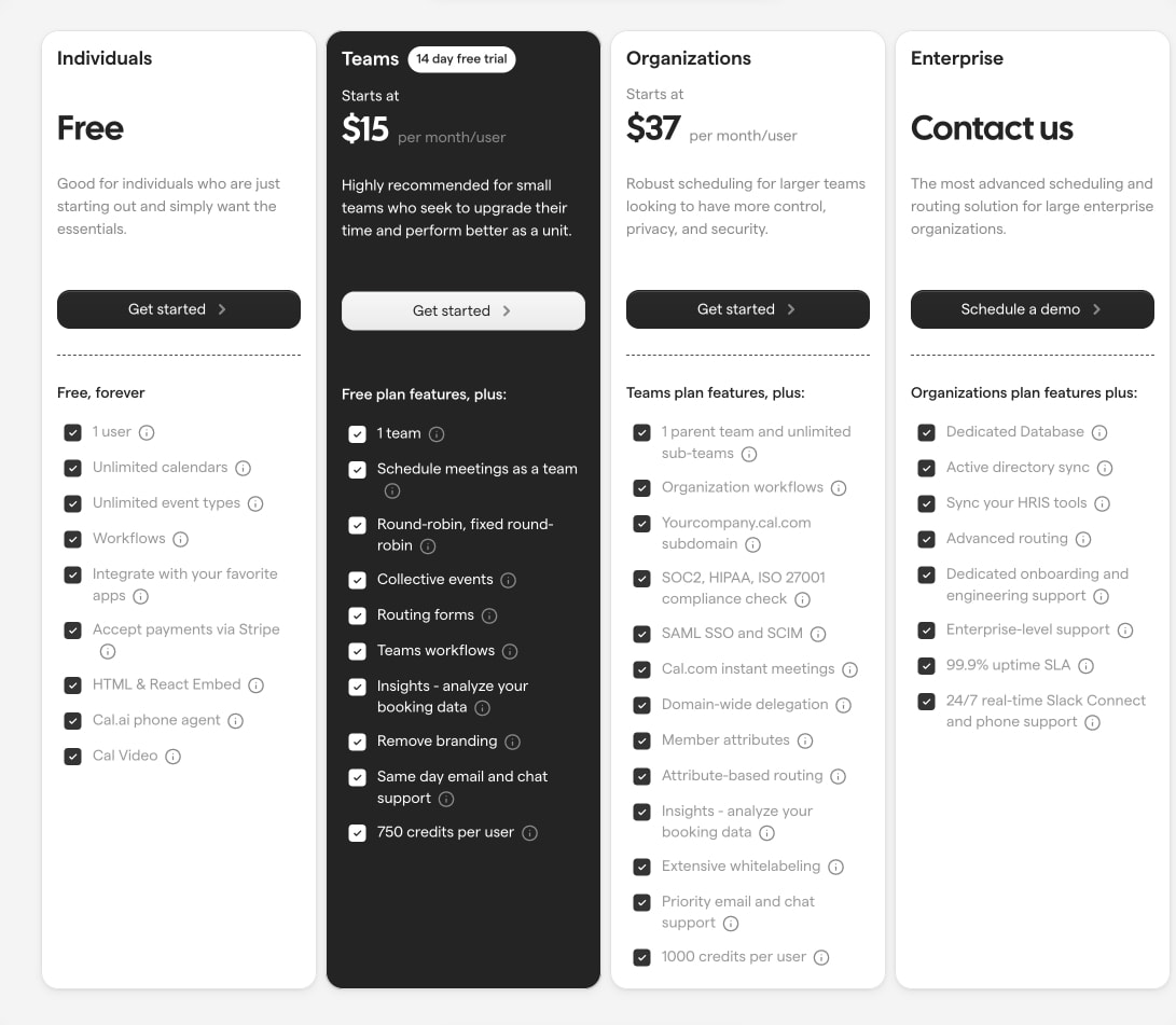 Four-tier pricing grid with Individuals, Teams, Organizations, and Enterprise plans including feature checklists captured website design