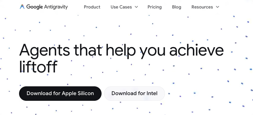 Google Antigravity Product captured website design