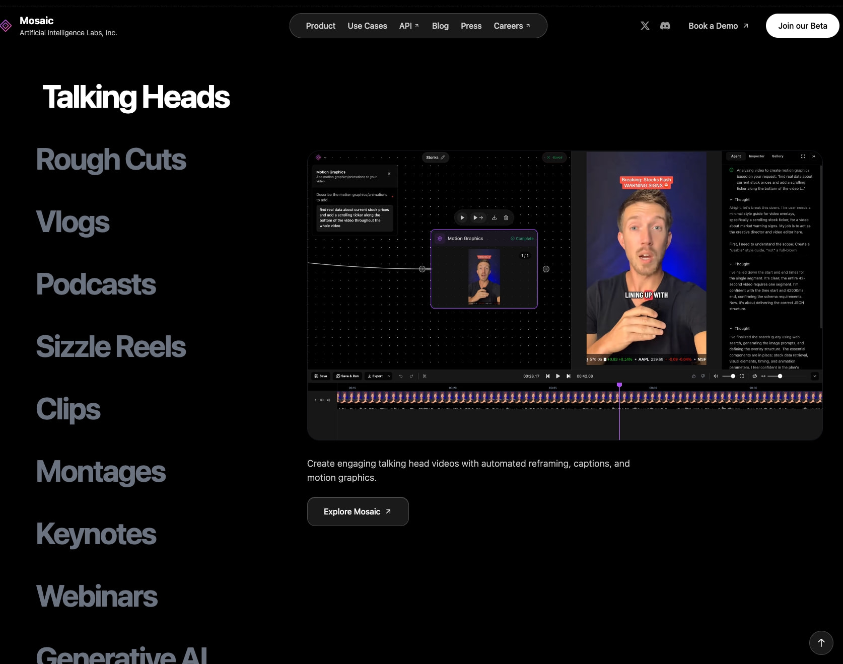Use cases page with vertical category list, product interface screenshot, and Explore Mosaic button captured website design