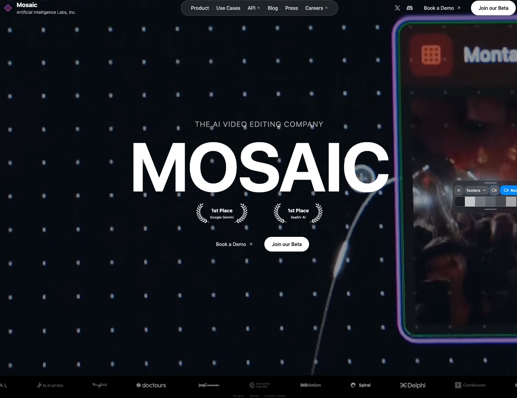 Homepage hero with large MOSAIC wordmark, award badges, and product screenshot on dark dotted grid background captured website design