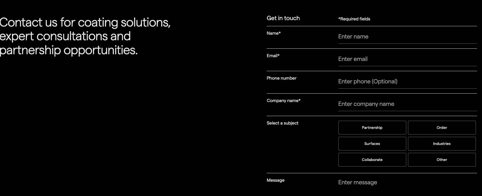 Split contact page layout with large left headline and right-aligned form on black background captured website design