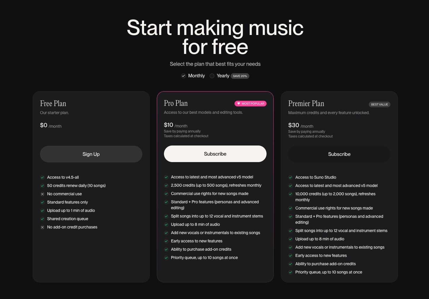 Pricing page showing monthly/yearly toggle with checkmark icons and feature list hierarchy in dark theme captured website design