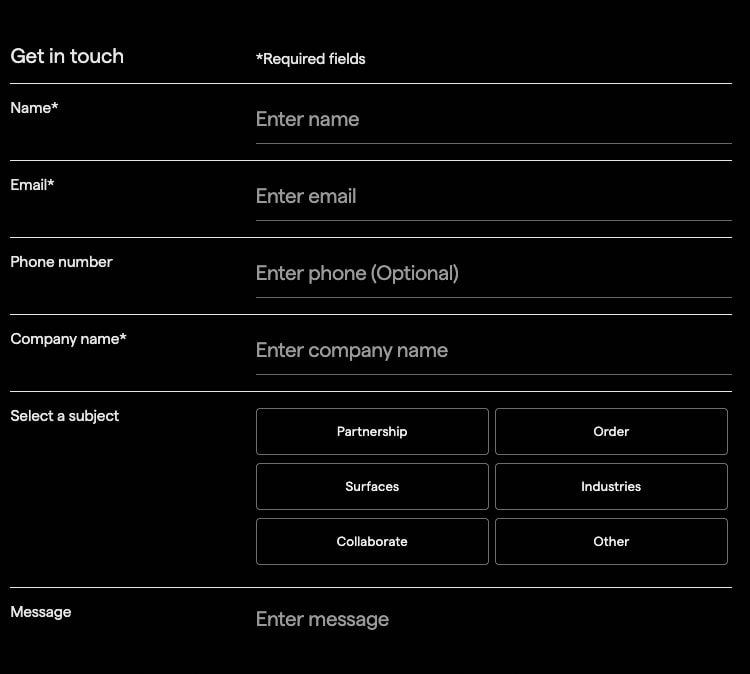 Contact form upper portion showing inline labels and underlined input fields on black captured website design