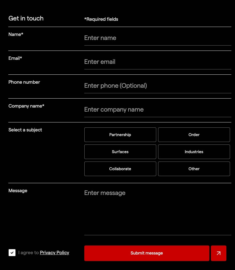 Contact form with red submit button, subject pill buttons, and checkbox agreement field captured website design