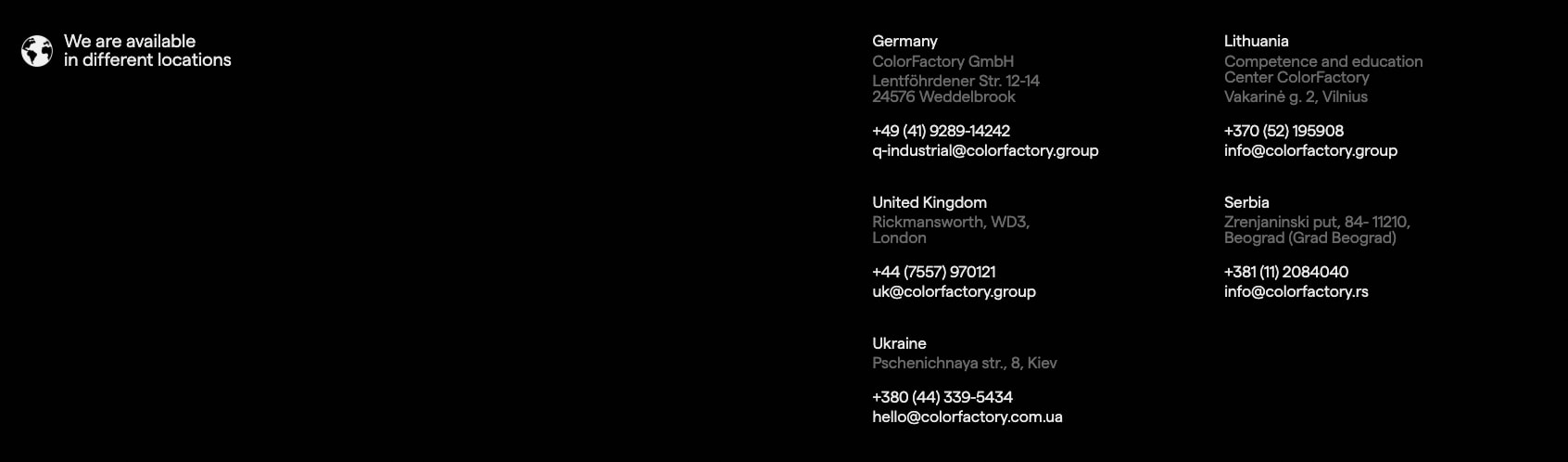 Global contact locations grid with white text on black background and a globe icon captured website design
