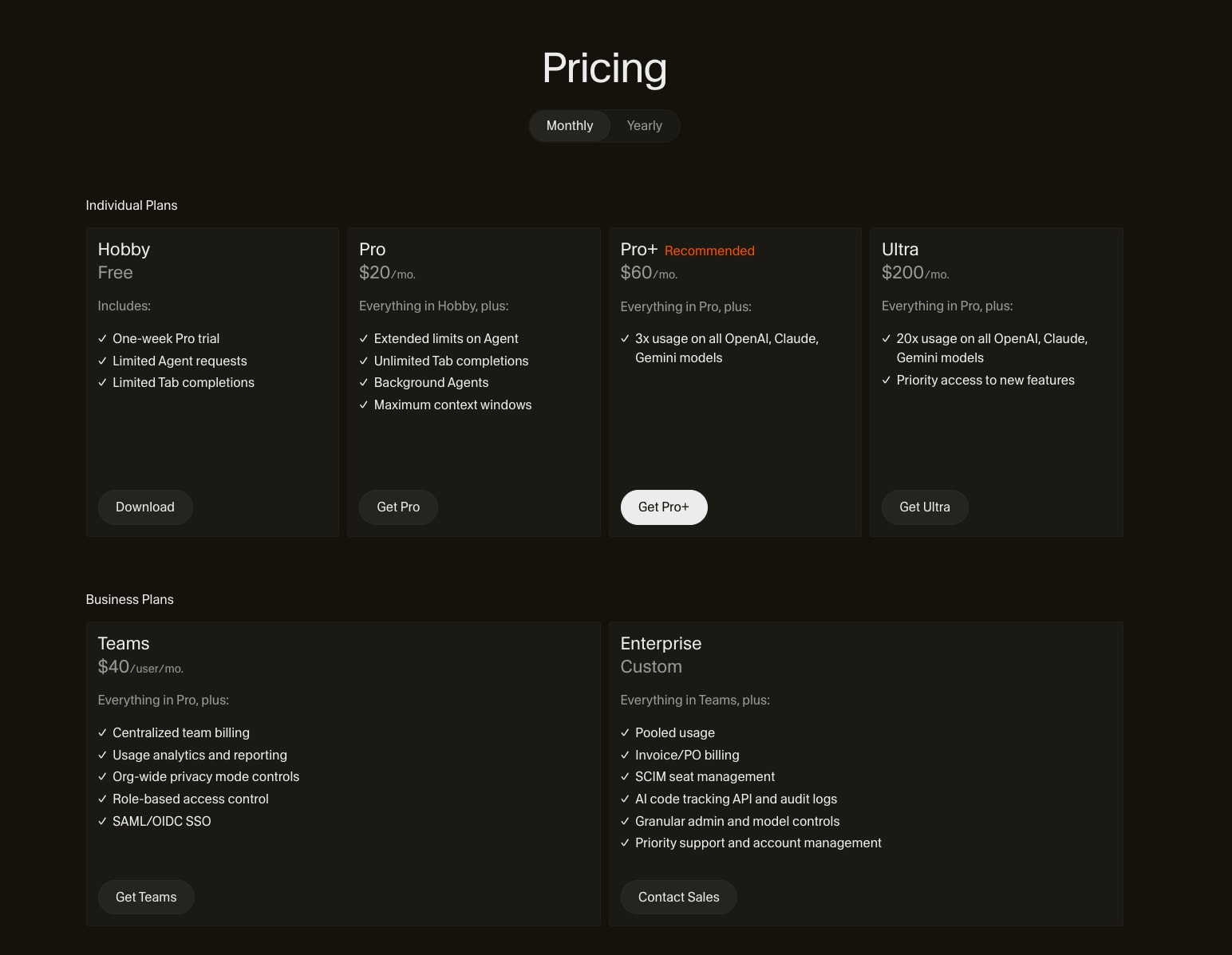 Pricing · Cursor captured website design