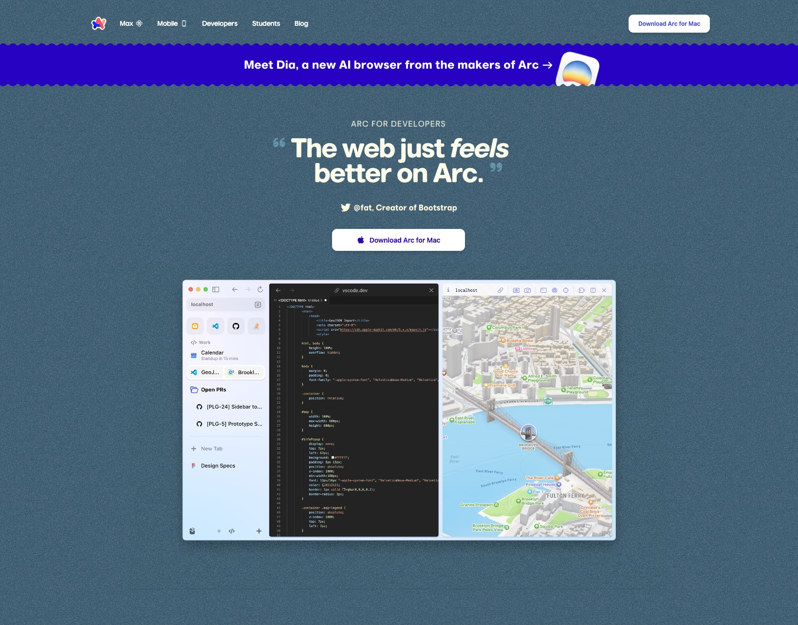 Arc for Developers captured website design