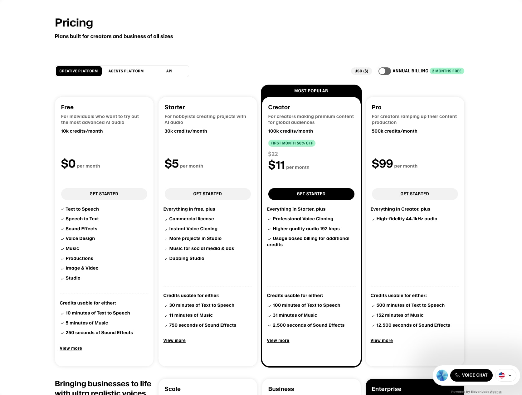 ElevenLabs Pricing for Creators & Businesses of All Sizes captured website design